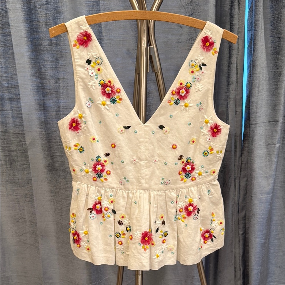 J Crew Floral Embroidered Sleeveless Top - Cream